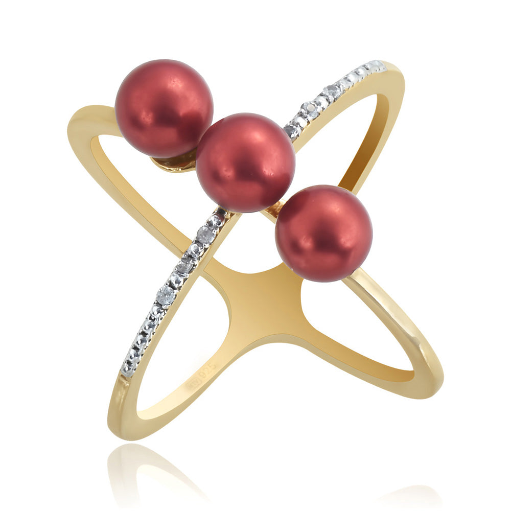 Anel de Prata com Banho de Ouro com Pérola Vermelha de Água Doce e Topázio Branco  Contraste: Cabeca de Veado (800)