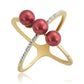 Anel de Prata com Banho de Ouro com Pérola Vermelha de Água Doce e Topázio Branco  Contraste: Cabeca de Veado (800)