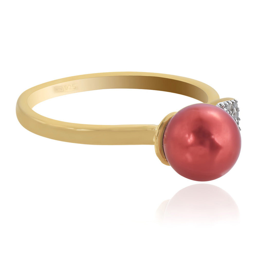 Anel de Prata com Banho de Ouro com Pérola Vermelha de Água Doce e Topázio Branco