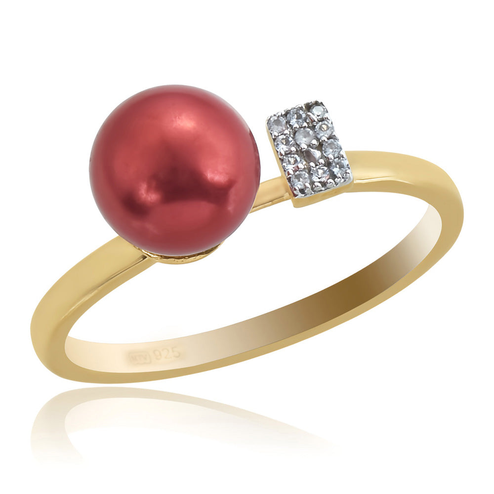 Anel de Prata com Banho de Ouro com Pérola Vermelha de Água Doce e Topázio Branco