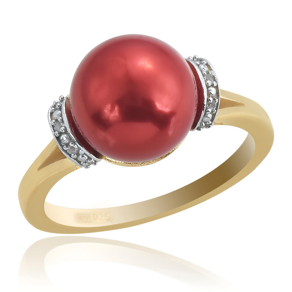 Anel de Prata com Banho de Ouro com Pérola Vermelha de Água Doce e Topázio Branco 1 