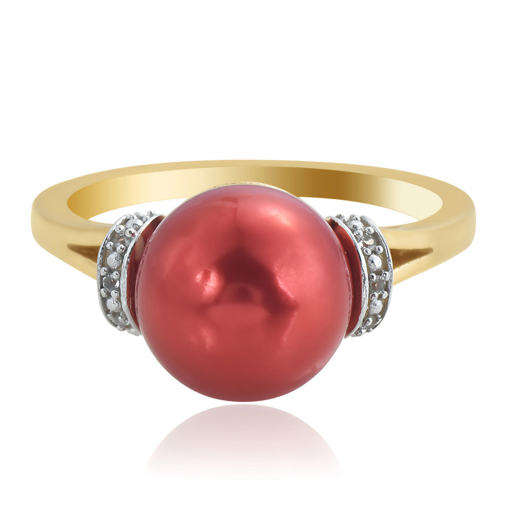 Anel de Prata com Banho de Ouro com Pérola Vermelha de Água Doce e Topázio Branco 2 