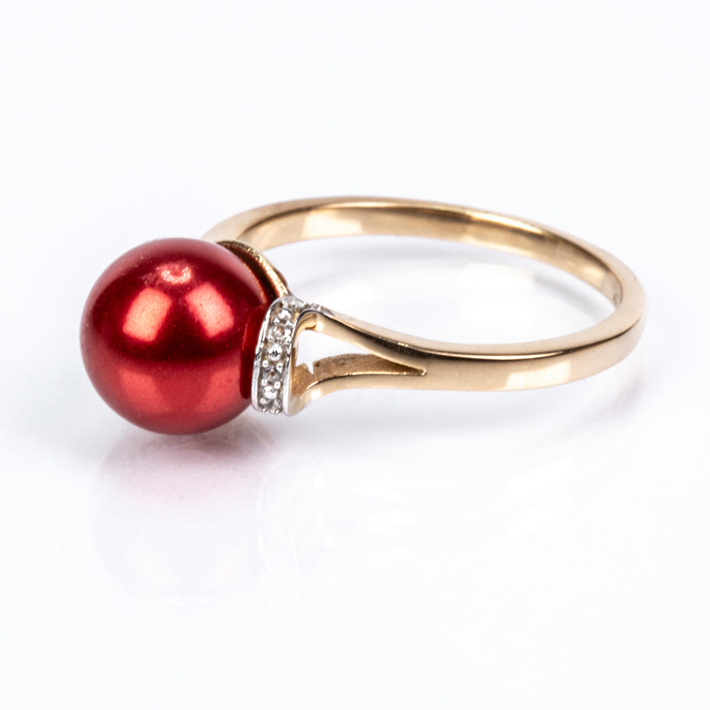 Anel de Prata com Banho de Ouro com Pérola Vermelha de Água Doce e Topázio Branco 4 