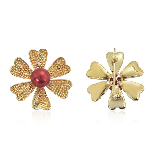 Alfinete de Prata com Banho de Ouro com Pérola Vermelha de Água Doce e Topázio Branco  Contraste: Cabeca de Veado (800)