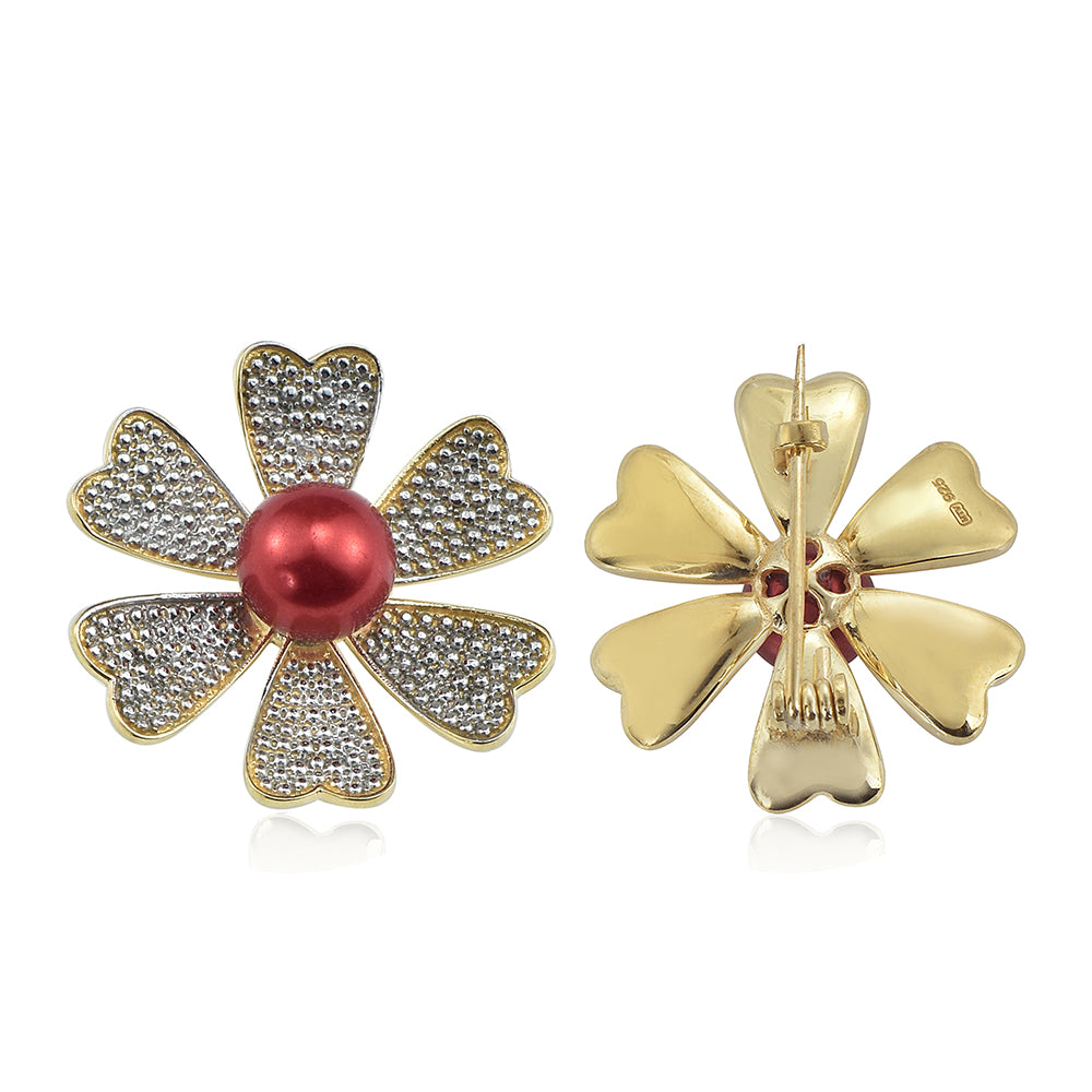 Alfinete de Prata com Banho de Ouro com Pérola Vermelha de Água Doce e Topázio Branco  Contraste: Cabeca de Veado (800) 3 