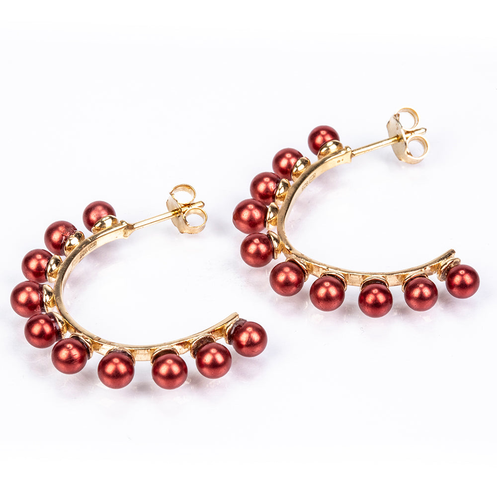 Brincos de Prata com Banho de Ouro com Pérola Vermelha de Água Doce