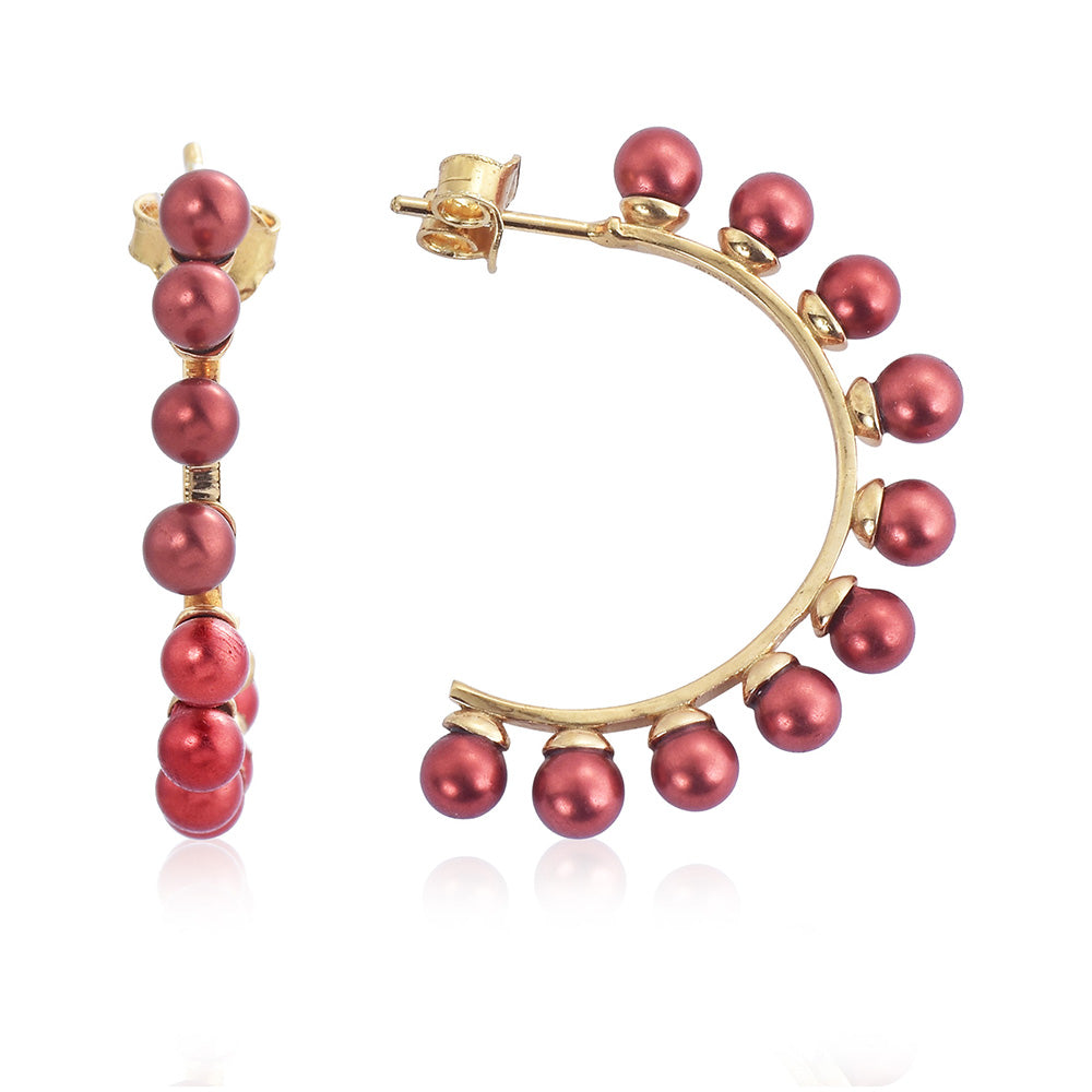 Brincos de Prata com Banho de Ouro com Pérola Vermelha de Água Doce 2 