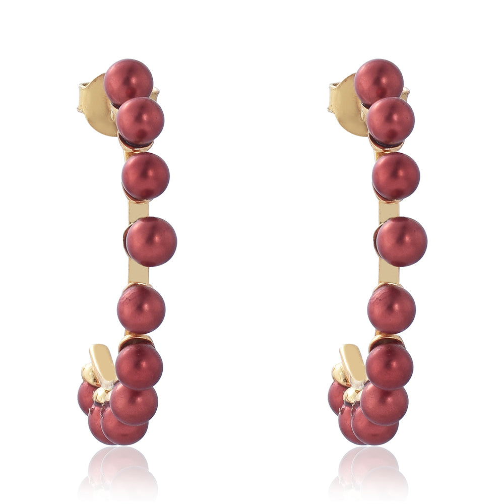 Brincos de Prata com Banho de Ouro com Pérola Vermelha de Água Doce 3 