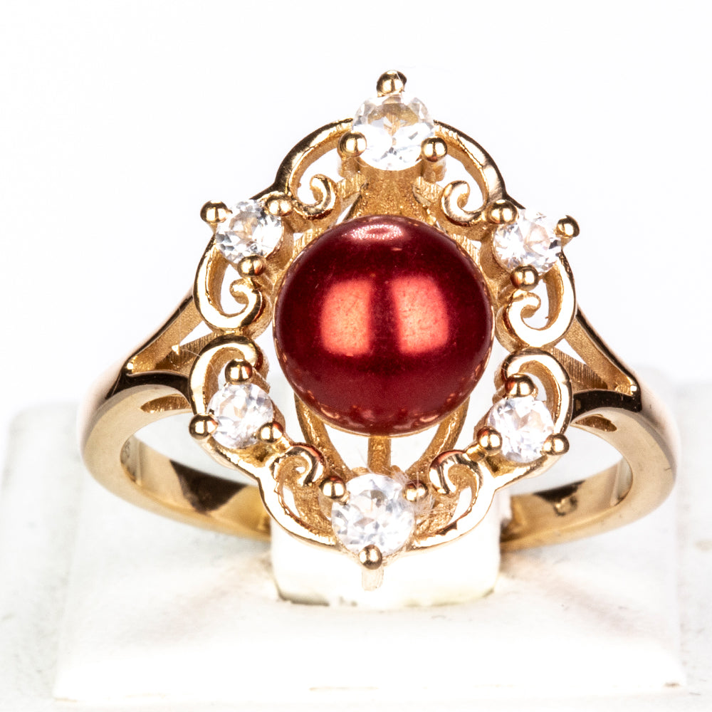 Anel de Prata com Banho de Ouro com Pérola Vermelha de Água Doce e Topázio Branco  Contraste: Cabeca de Veado (800) 1 