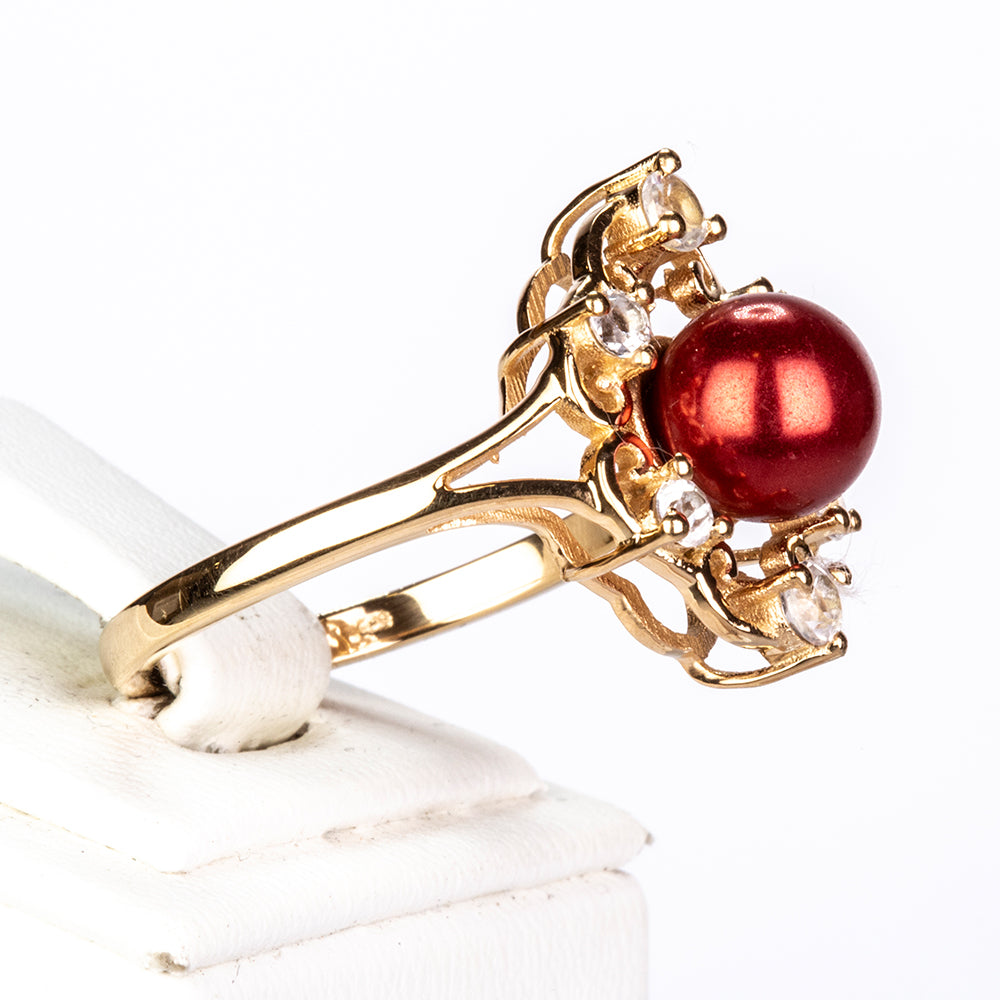 Anel de Prata com Banho de Ouro com Pérola Vermelha de Água Doce e Topázio Branco  Contraste: Cabeca de Veado (800) 3 