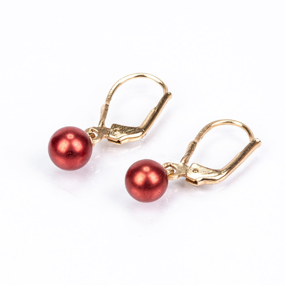 Brincos de Prata com Banho de Ouro com Pérola Vermelha de Água Doce 3 
