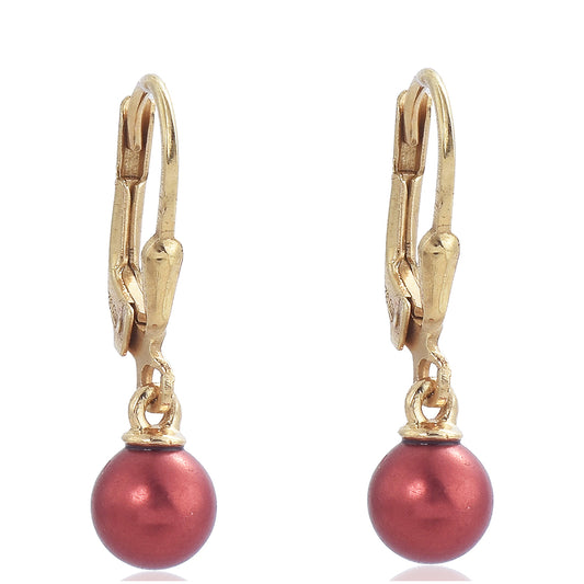 Brincos de Prata com Banho de Ouro com Pérola Vermelha de Água Doce