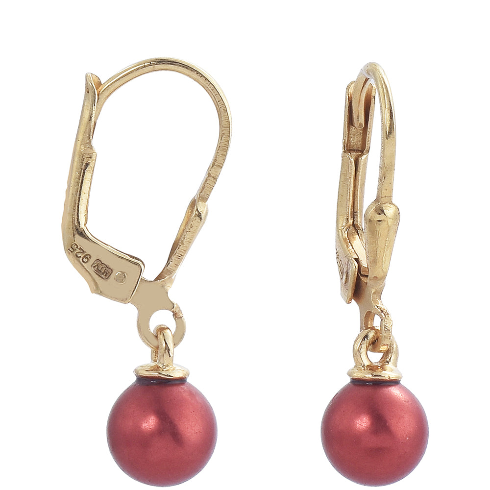 Brincos de Prata com Banho de Ouro com Pérola Vermelha de Água Doce