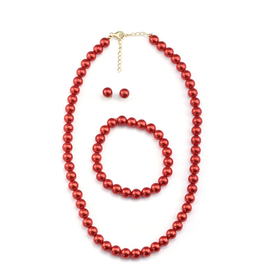 Conjunto de Prata com Banho de Ouro com Pérola Vermelha de Água Doce ( Colar+Brincos+Pulseira )