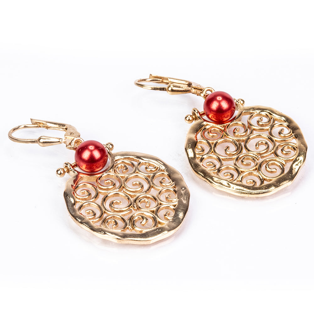 Brincos de Prata com Banho de Ouro com Pérola Vermelha de Água Doce  Contraste: Cabeca de Veado (800) 3 