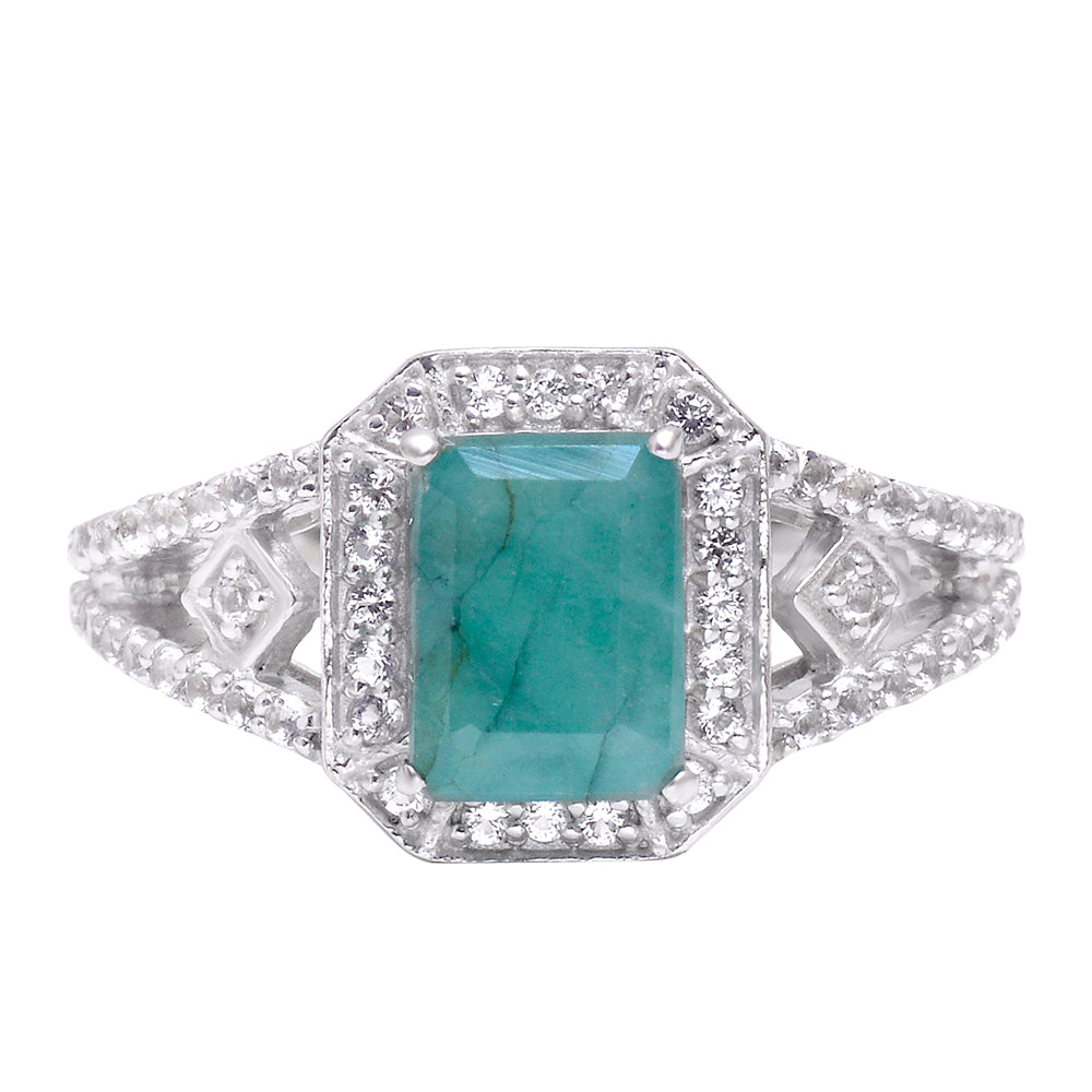 Anel de Prata com Esmeralda do Brasil e Topázio Branco  Contraste: Cabeca de Veado (800) 1 