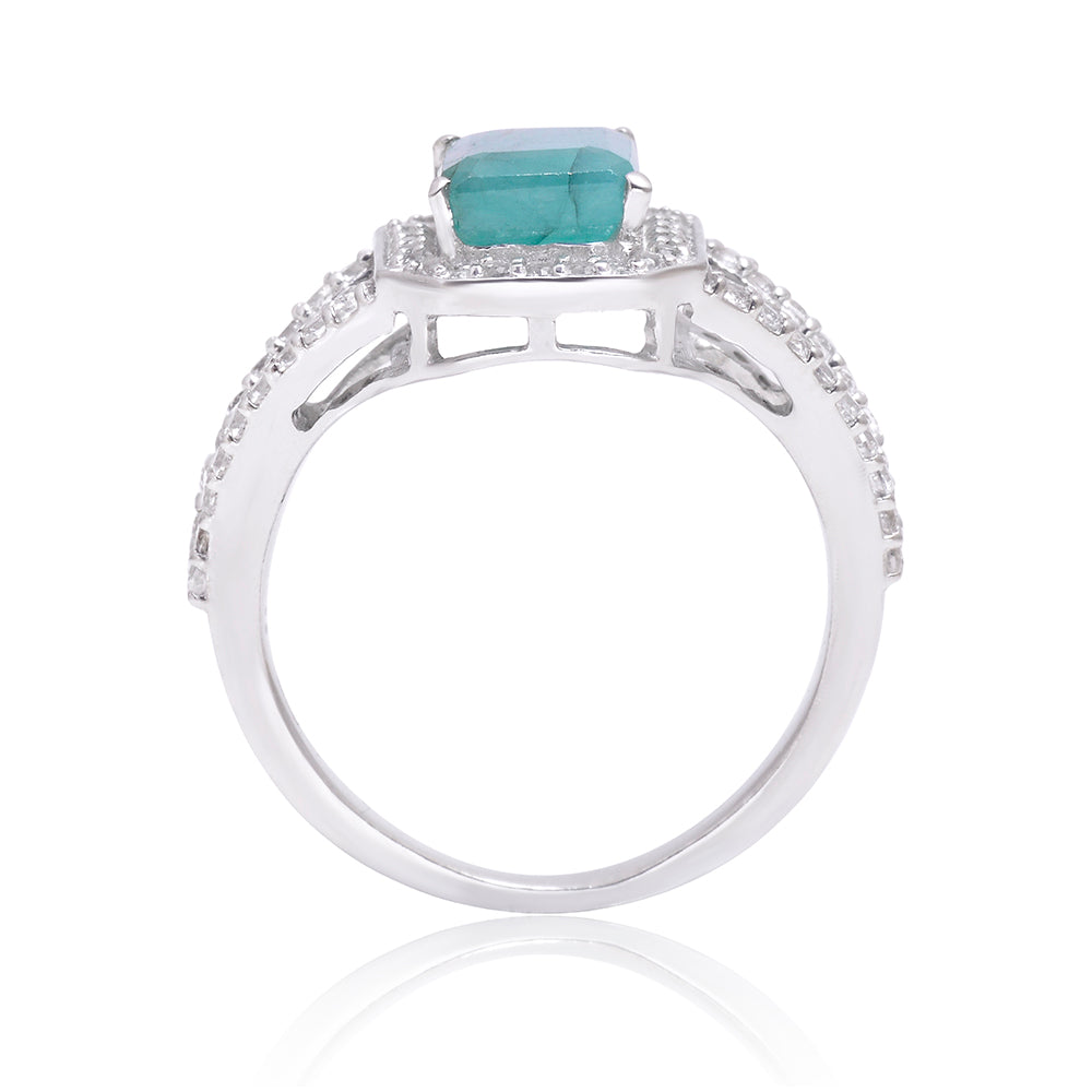 Anel de Prata com Esmeralda do Brasil e Topázio Branco  Contraste: Cabeca de Veado (800) 2 