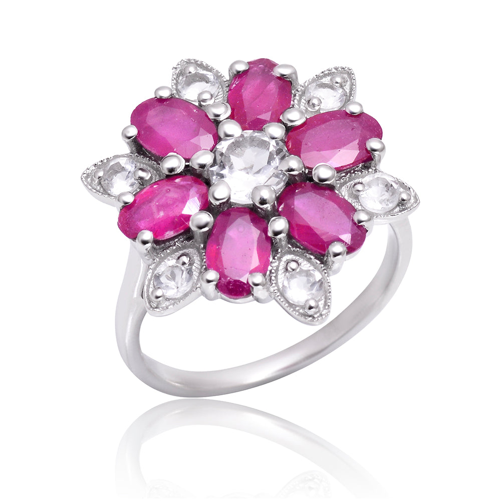 Anel de Prata com Rubi de Madagáscar e Topázio Branco  Contraste: Cabeca de Veado (800) 2 