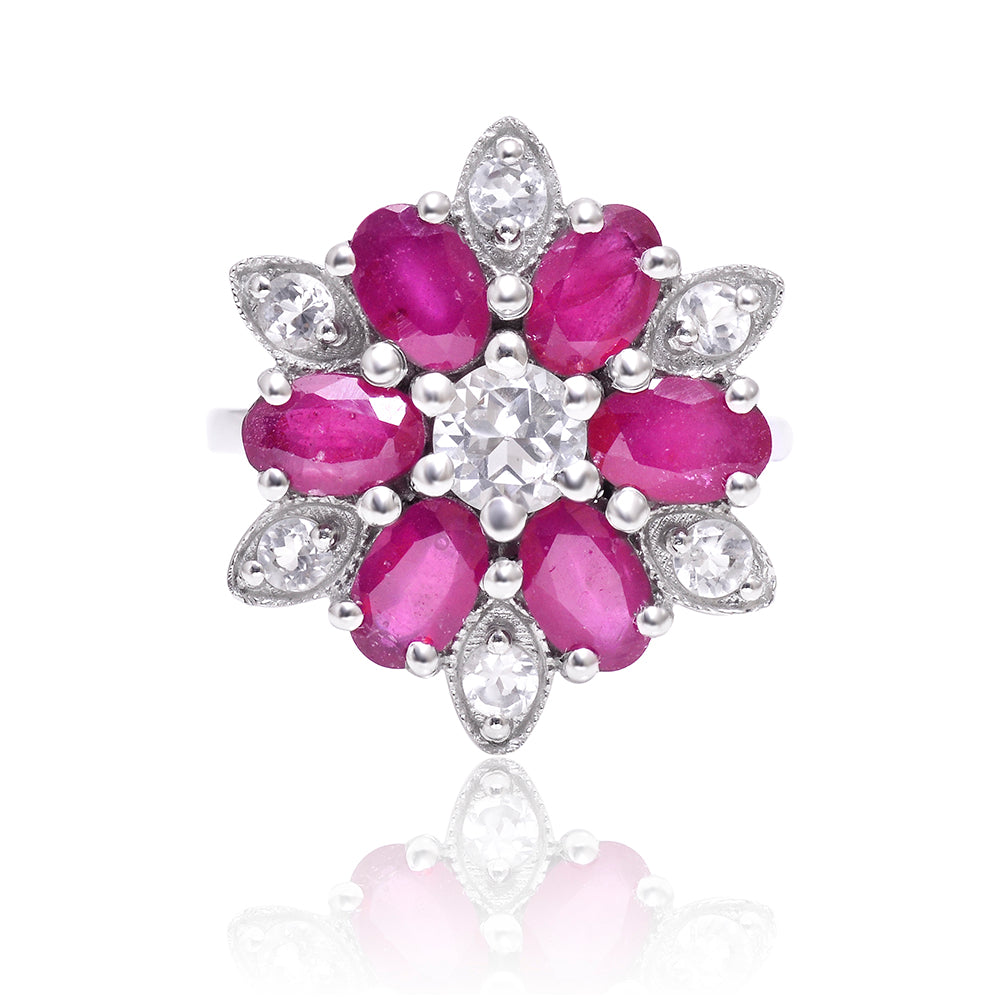 Anel de Prata com Rubi de Madagáscar e Topázio Branco  Contraste: Cabeca de Veado (800)