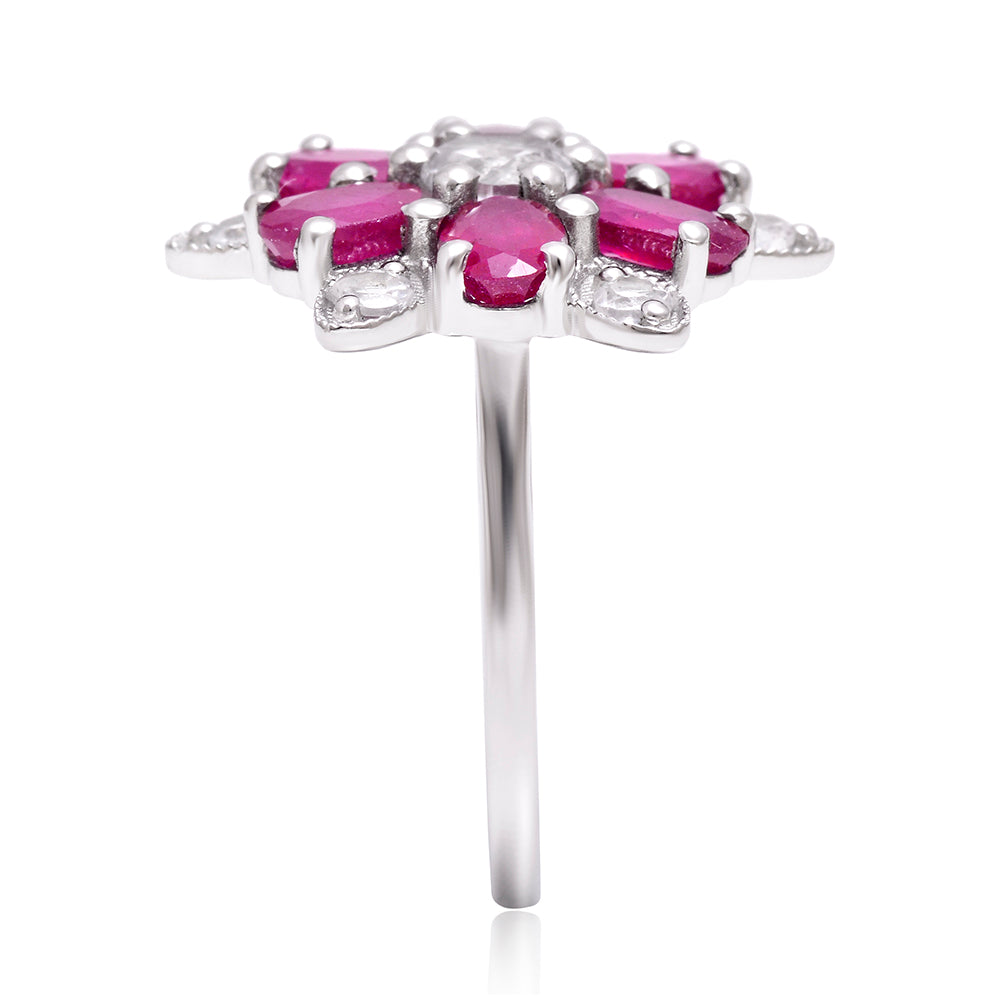 Anel de Prata com Rubi de Madagáscar e Topázio Branco  Contraste: Cabeca de Veado (800)