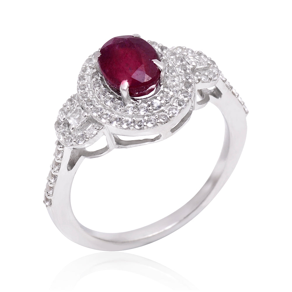 Anel de Prata com Rubi de Madagáscar e Topázio Branco  Contraste: Cabeca de Veado (800)