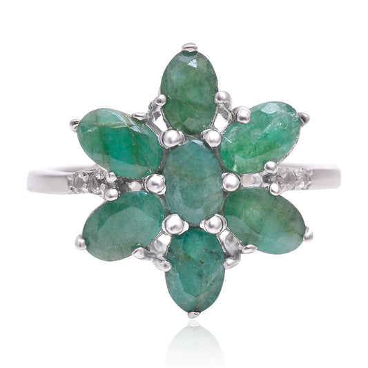 Anel de Prata com Esmeralda do Brasil e Topázio Branco  Contraste: Cabeca de Veado (800)