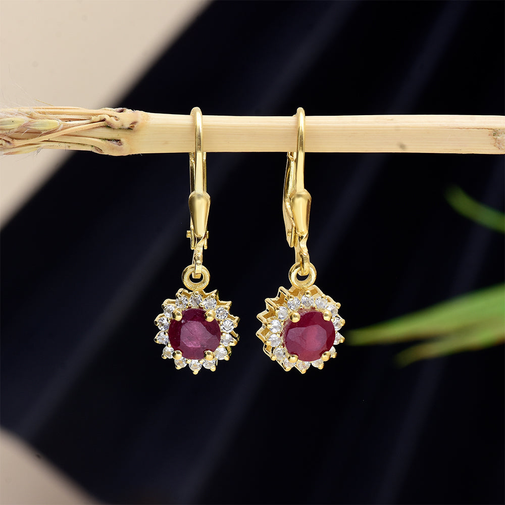 Brincos de Prata com Banho de Ouro com Rubi de Madagáscar e Topázio Branco 3 