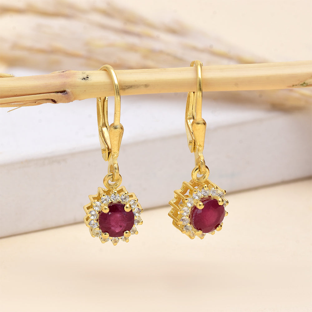 Brincos de Prata com Banho de Ouro com Rubi de Madagáscar e Topázio Branco 2 