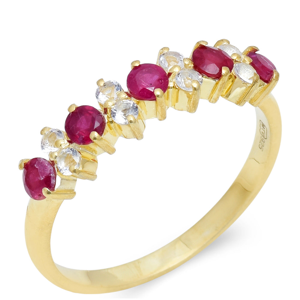 Anel de Prata com Banho de Ouro com Rubi de Madagáscar e Topázio Branco