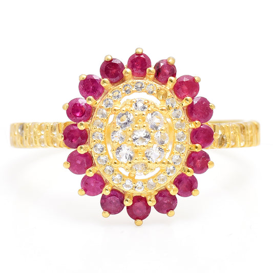 Anel de Prata com Banho de Ouro com Rubi de Madagáscar e Topázio Branco  Contraste: Cabeca de Veado (800)