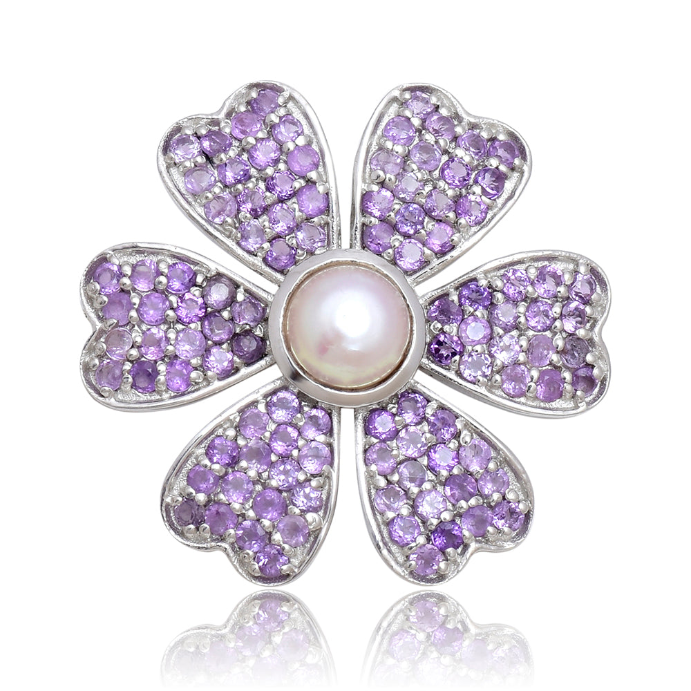 Alfinete de Prata com Ametista de Marrocos e Pérola de Água Doce Branca  Contraste: Cabeca de Veado (800)