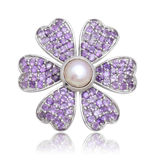 Alfinete de Prata com Ametista de Marrocos e Pérola de Água Doce Branca  Contraste: Cabeca de Veado (800)