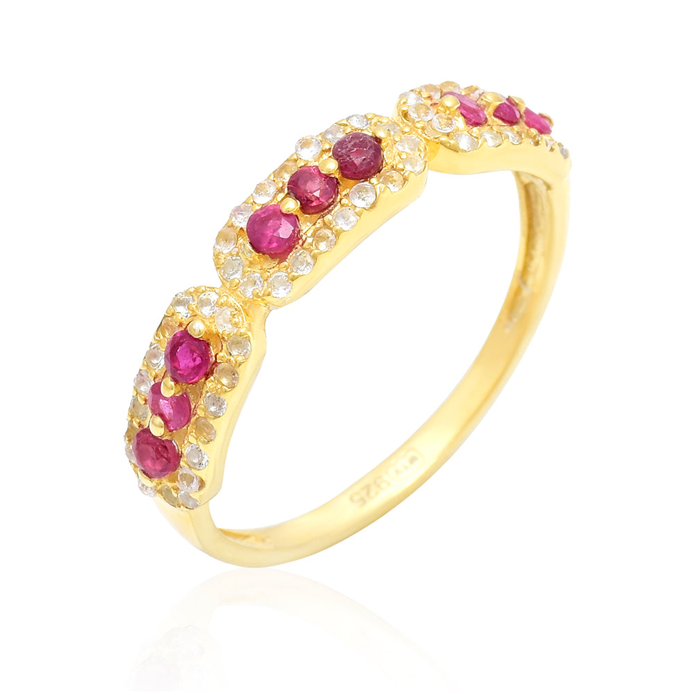 Anel de Prata com Banho de Ouro com Rubi de Madagáscar e Topázio Branco 4 