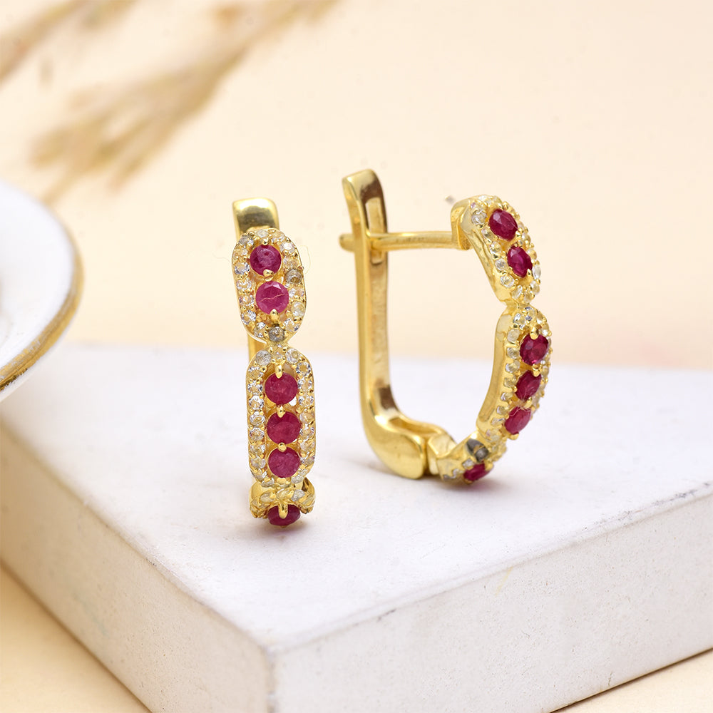 Brincos de Prata com Banho de Ouro com Rubi de Madagáscar e Topázio Branco 2 