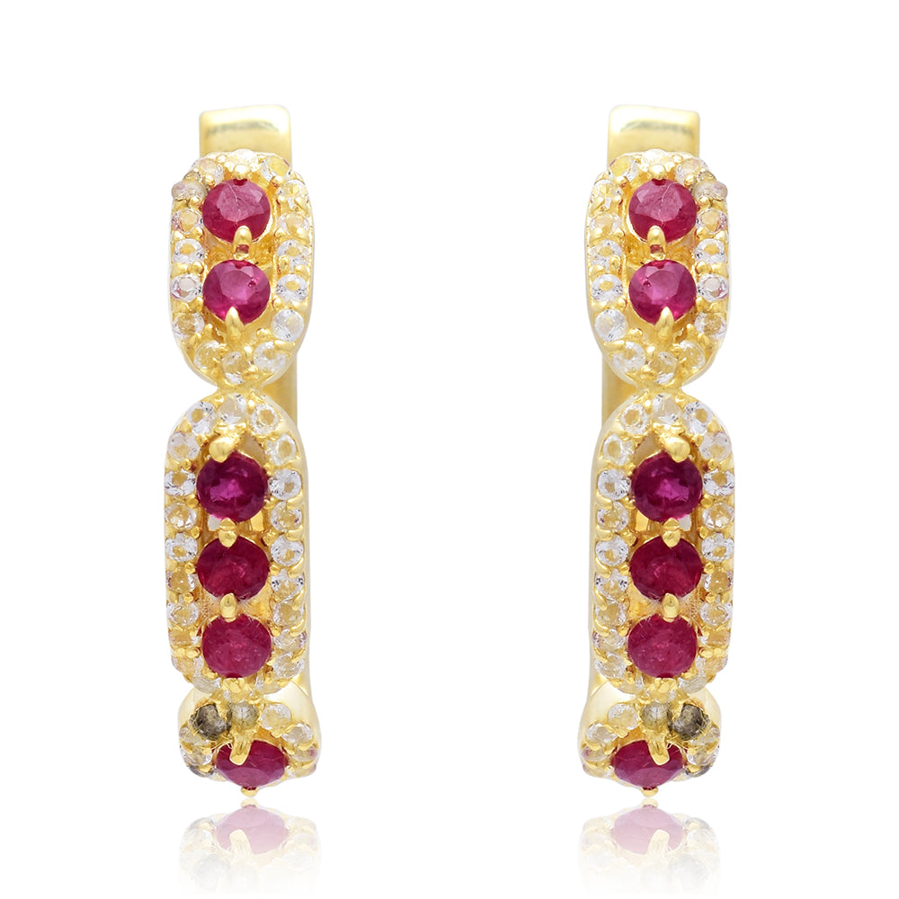 Brincos de Prata com Banho de Ouro com Rubi de Madagáscar e Topázio Branco 5 