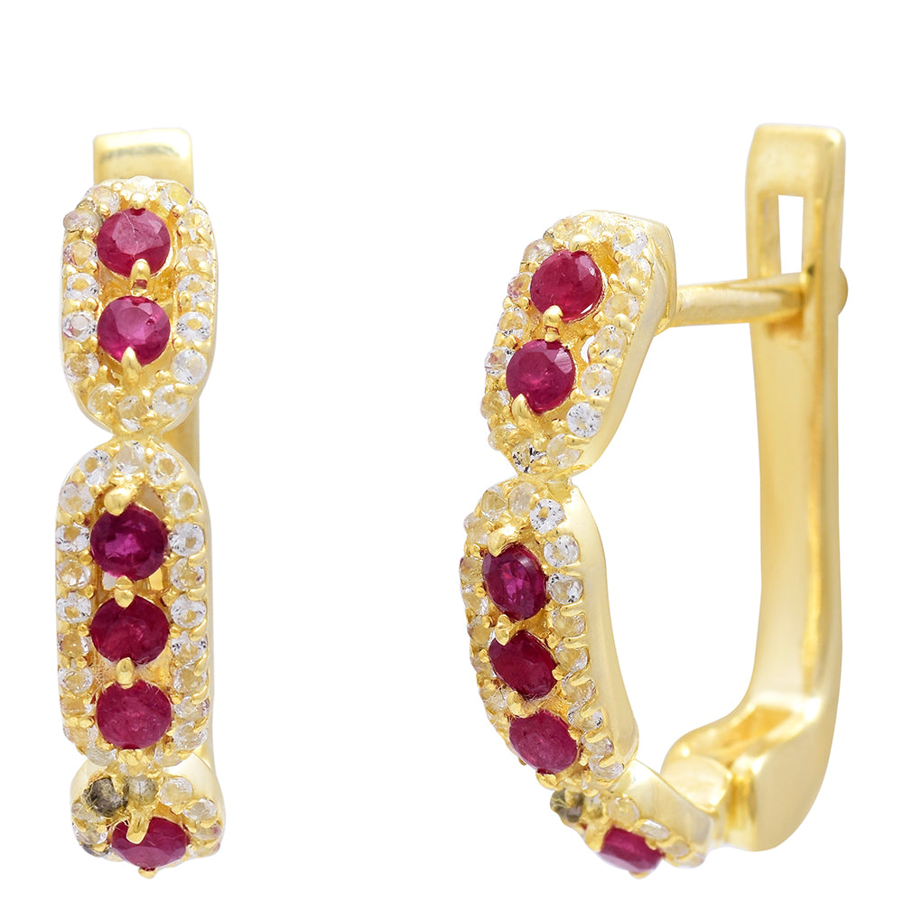 Brincos de Prata com Banho de Ouro com Rubi de Madagáscar e Topázio Branco 4 