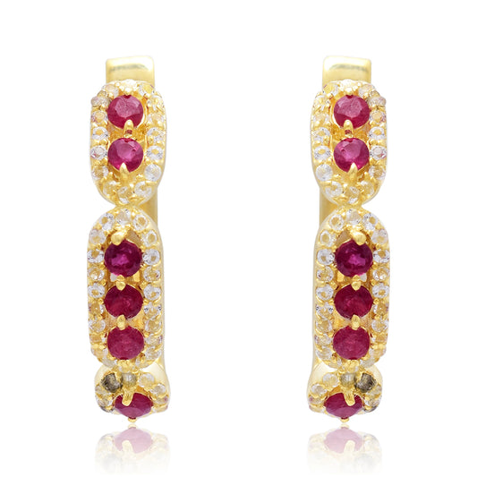 Brincos de Prata com Banho de Ouro com Rubi de Madagáscar e Topázio Branco