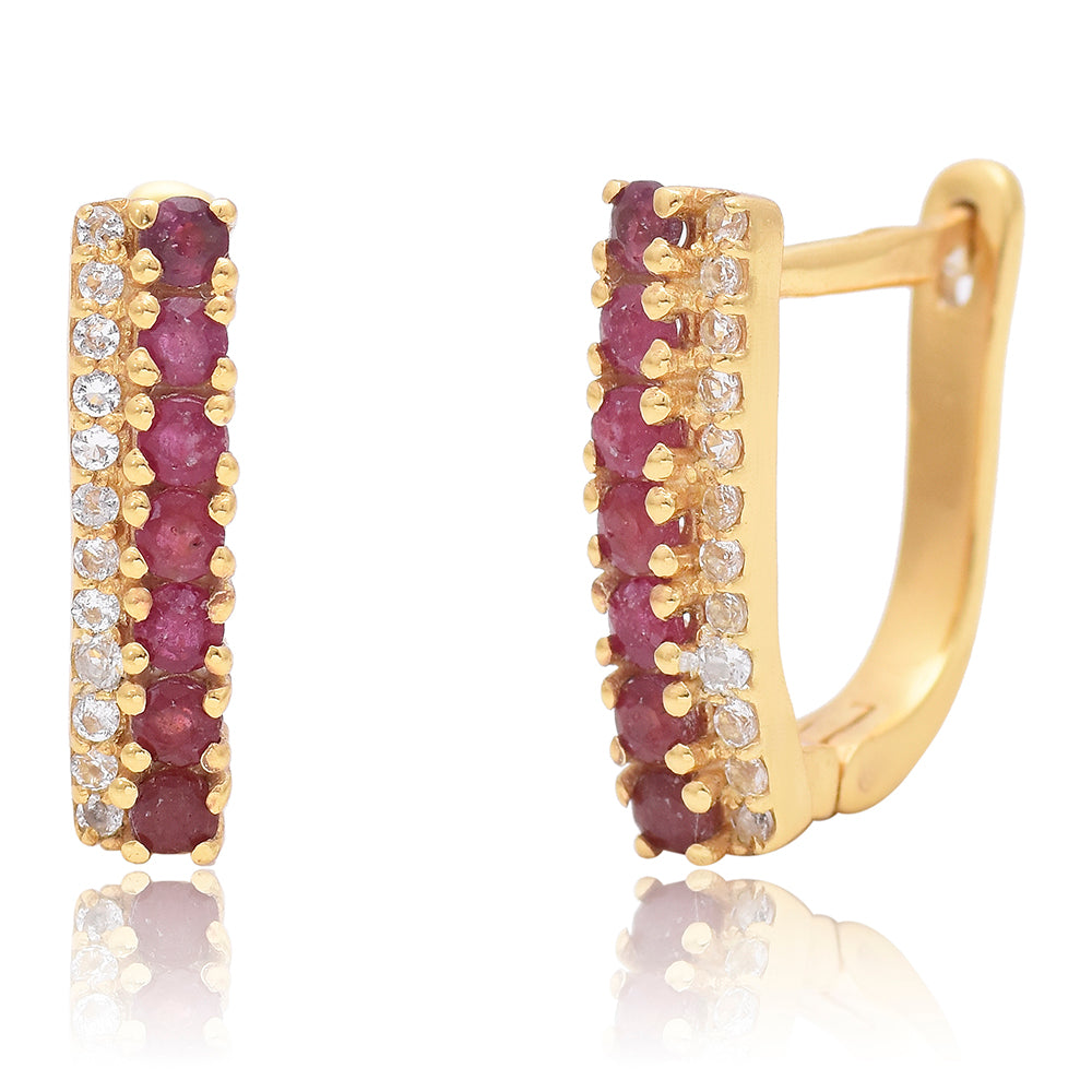 Brincos de Prata com Banho de Ouro com Rubi de Madagáscar e Topázio Branco