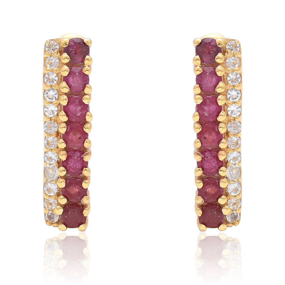 Brincos de Prata com Banho de Ouro com Rubi de Madagáscar e Topázio Branco