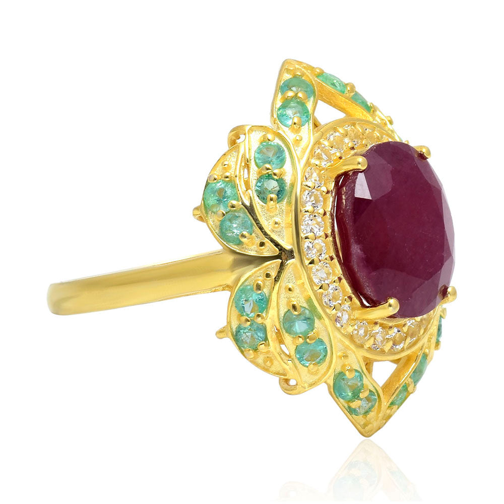 Anel de Prata com Banho de Ouro com Rubi de Madagáscar e Esmeralda do Brasil  Contraste: Cabeca de Veado (800) 5 