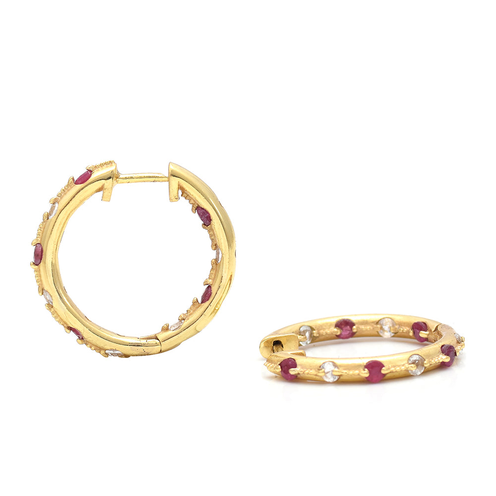 Brincos de Prata com Banho de Ouro com Rubi de Madagáscar e Topázio Branco 3 