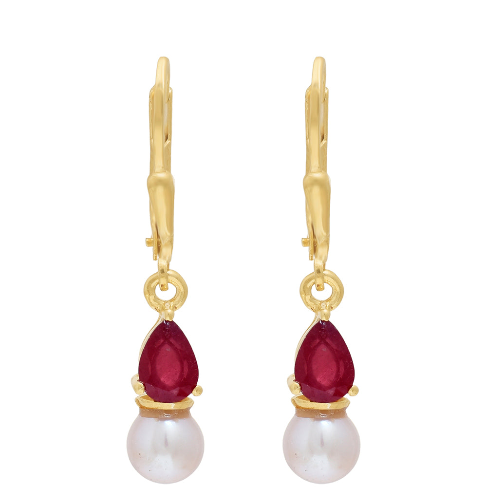 Brincos de Prata com Banho de Ouro com Rubi de Madagáscar e Pérola de Água Doce Branca