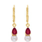 Brincos de Prata com Banho de Ouro com Rubi de Madagáscar e Pérola de Água Doce Branca