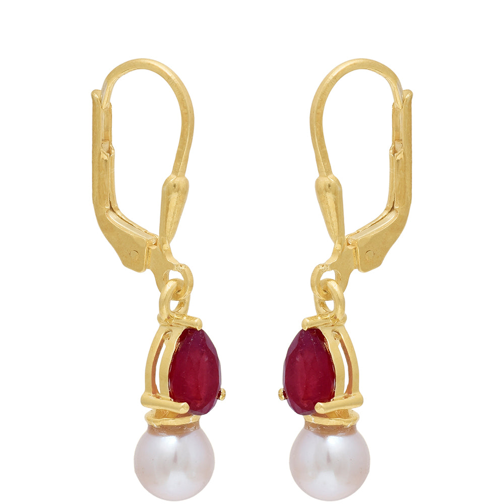 Brincos de Prata com Banho de Ouro com Rubi de Madagáscar e Pérola de Água Doce Branca 3 