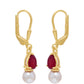 Brincos de Prata com Banho de Ouro com Rubi de Madagáscar e Pérola de Água Doce Branca