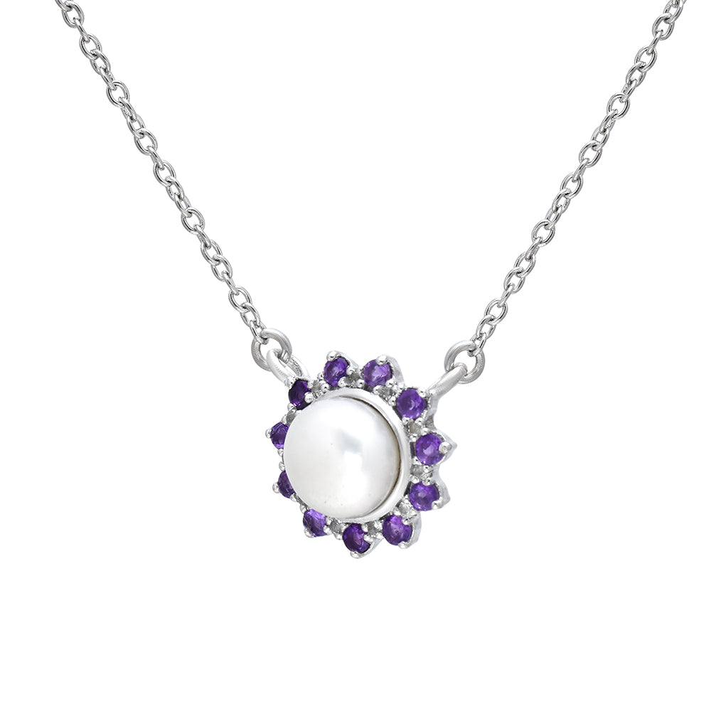 Colar de Prata com Ametista de Marrocos e Pérola de Água Doce Branca  Contraste: Cabeca de Veado (800)