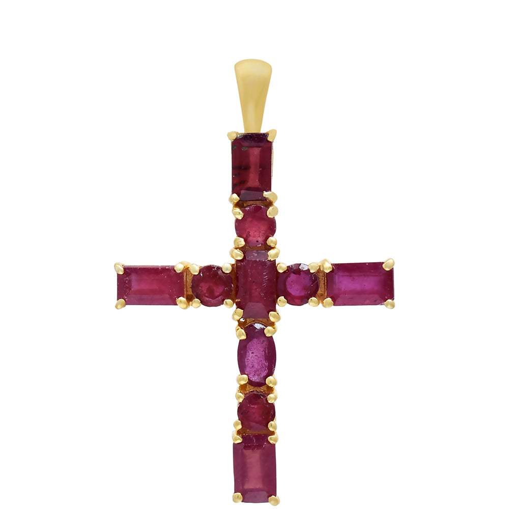Cruz Pendente de Prata com Banho de Ouro com Rubi de Madagáscar 1 