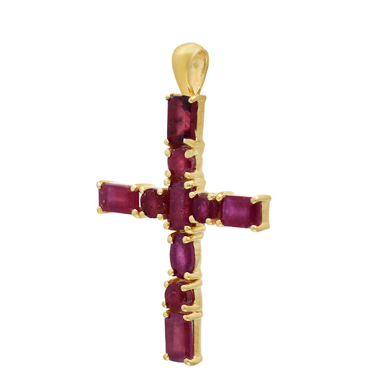 Cruz Pendente de Prata com Banho de Ouro com Rubi de Madagáscar