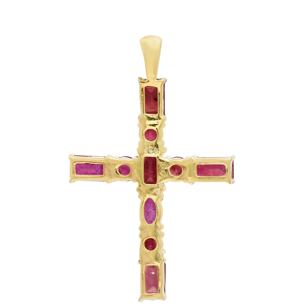 Cruz Pendente de Prata com Banho de Ouro com Rubi de Madagáscar 3 