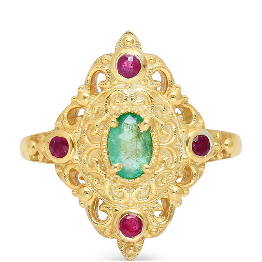 Anel de Prata com Banho de Ouro com Rubi de Madagáscar e Esmeralda do Brasil  Contraste: Cabeca de Veado (800)